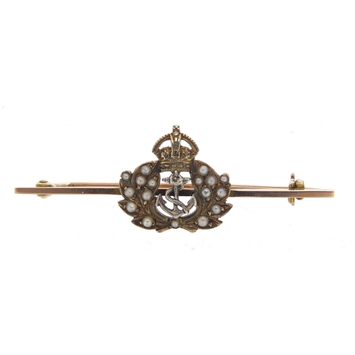 848 - Military interest 9ct gold naval bar brooch set with seed pearls, housed in a Baudick & Haggas fitte... 