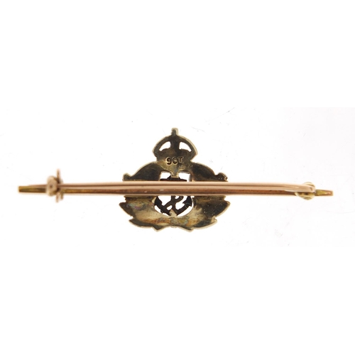 848 - Military interest 9ct gold naval bar brooch set with seed pearls, housed in a Baudick & Haggas fitte... 