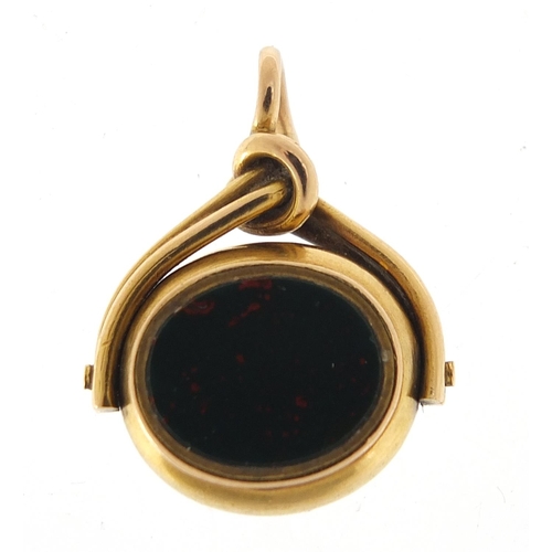 351 - Victorian unmarked gold bloodstone and agate spinner fob, 2.5cm high, 5.0g