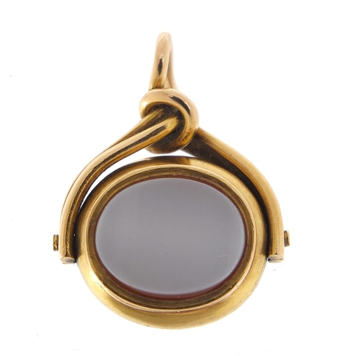 351 - Victorian unmarked gold bloodstone and agate spinner fob, 2.5cm high, 5.0g