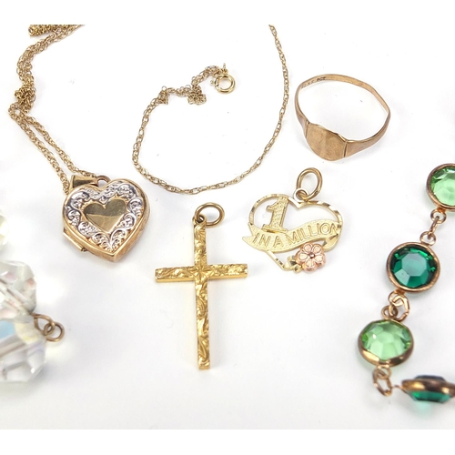 654 - Vintage and later jewellery including a 9ct gold cross pendant, 9ct gold signet ring and crystal nec... 