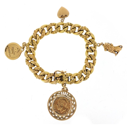 32 - Continental 18ct gold bracelet, probably French with a selection of gold charms including a seated l... 