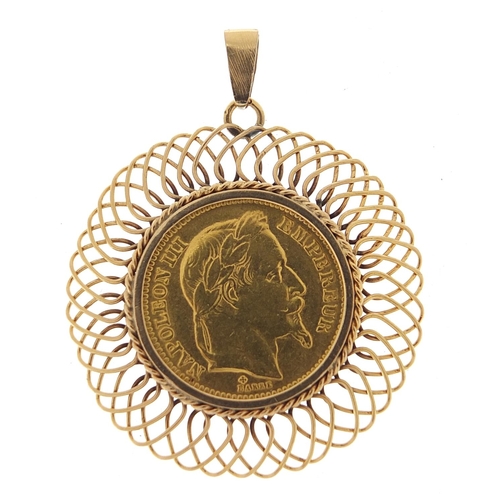 123 - French 1861 twenty franc gold coin with unmarked gold pendant mount, (tests as 9ct gold) 4.5cm high,... 