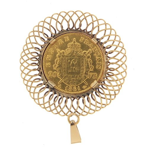 123 - French 1861 twenty franc gold coin with unmarked gold pendant mount, (tests as 9ct gold) 4.5cm high,... 