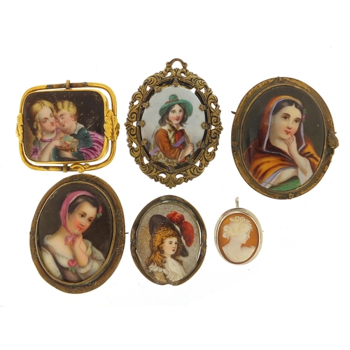 498 - Five antique porcelain portrait miniature brooches with gilt metal mounts and a silver cameo pendant... 