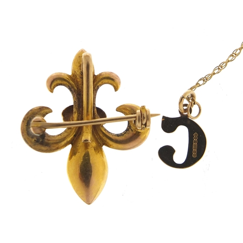 348 - 9ct gold necklace with initial C pendant, a gold coloured metal brooch and necklace, the pendant on ... 