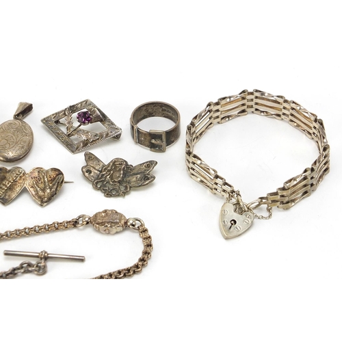 1075 - Antique and later silver jewellery including a Victorian watch chain, four row gate bracelet, marcas... 