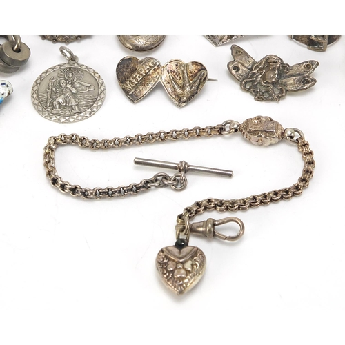 1075 - Antique and later silver jewellery including a Victorian watch chain, four row gate bracelet, marcas... 