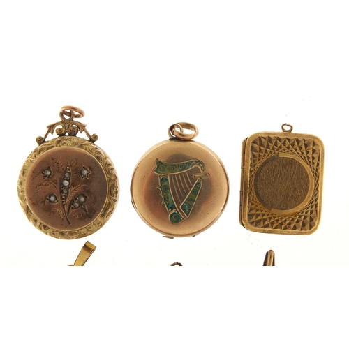 944 - Six 9ct gold front & back and rolled gold lockets, the largest 3cm high