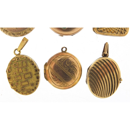 944 - Six 9ct gold front & back and rolled gold lockets, the largest 3cm high