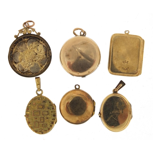 944 - Six 9ct gold front & back and rolled gold lockets, the largest 3cm high