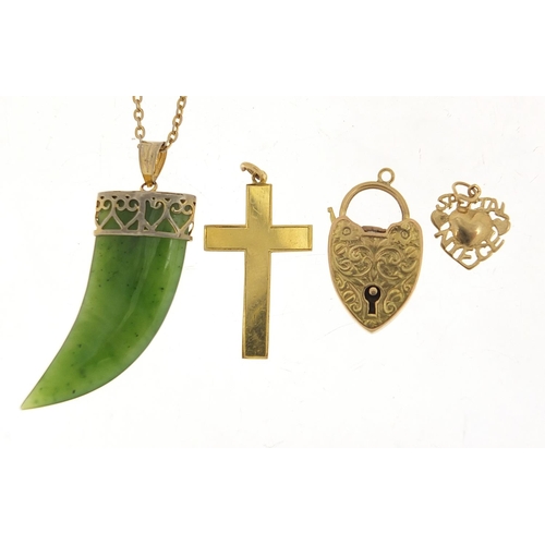 382 - Vintage and later jewellery comprising 9ct gold love heart padlock, 9ct gold cross pendant, 9ct gold... 