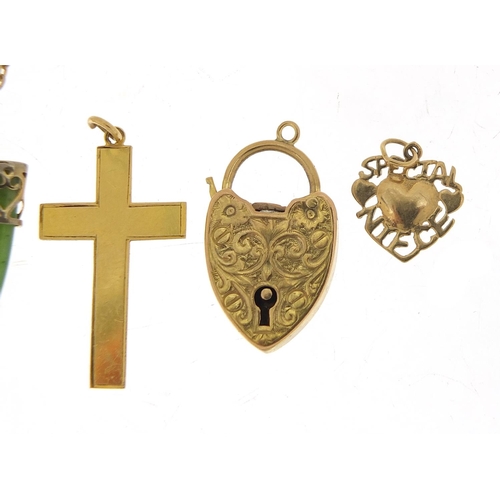 382 - Vintage and later jewellery comprising 9ct gold love heart padlock, 9ct gold cross pendant, 9ct gold... 