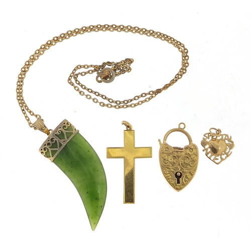 382 - Vintage and later jewellery comprising 9ct gold love heart padlock, 9ct gold cross pendant, 9ct gold... 