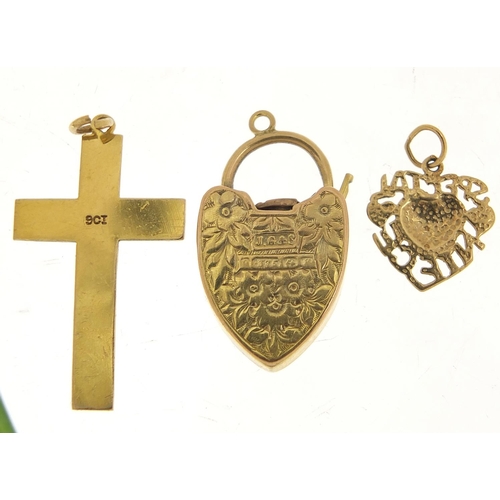 382 - Vintage and later jewellery comprising 9ct gold love heart padlock, 9ct gold cross pendant, 9ct gold... 