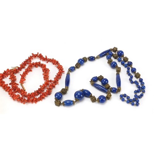 623 - Three vintage necklaces comprising lapis lazuli, coral and faux ivory