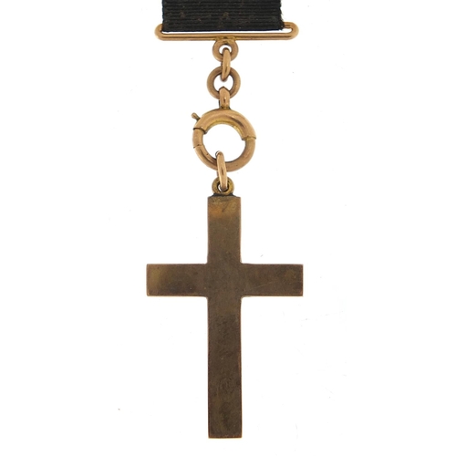 250 - 9ct gold cross pendant on a 9ct gold and silk ribbon with swivel clasp, 17cm in length, the cross 3.... 