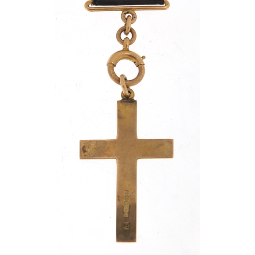 250 - 9ct gold cross pendant on a 9ct gold and silk ribbon with swivel clasp, 17cm in length, the cross 3.... 