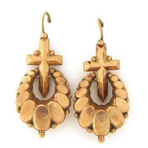 1065 - Pair of Victorian unmarked gold cross earrings, (tests as 9ct gold) 3.5cm high, 3.0g