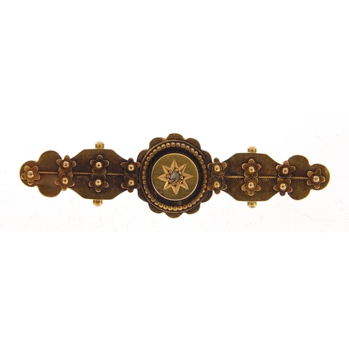 454 - Victorian 15ct gold diamond bar brooch housed in a velvet and silk lined fitted box, 4.2cm wide, 3.0... 