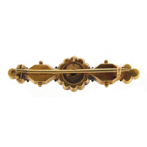 454 - Victorian 15ct gold diamond bar brooch housed in a velvet and silk lined fitted box, 4.2cm wide, 3.0... 