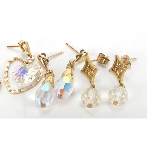 544 - Four pairs of 9ct gold earrings including crystal love hearts, the largest 2.5cm high, total 6.0g