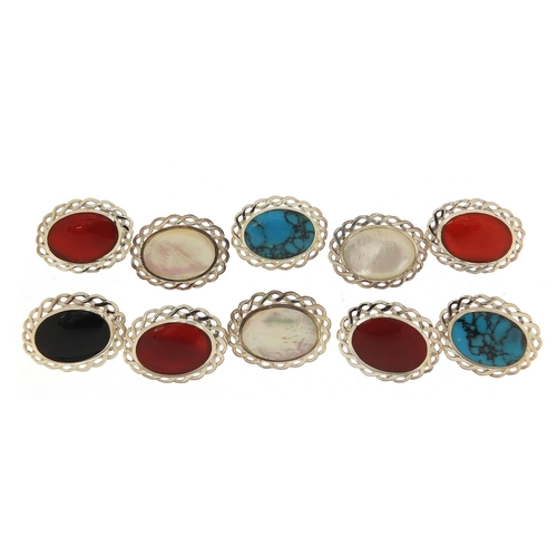 884 - Ten silver cabochon stone brooches including mother of pearl, turquoise and carnelian, 2.6cm wide, 5... 