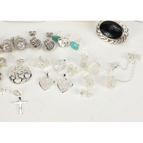 1116 - Silver jewellery including necklaces, earrings, monkey pendant and cabochon stone brooch, total 50.0... 