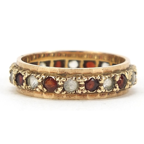 428 - 9ct gold red and clear stone eternity ring, size L, 2.8g