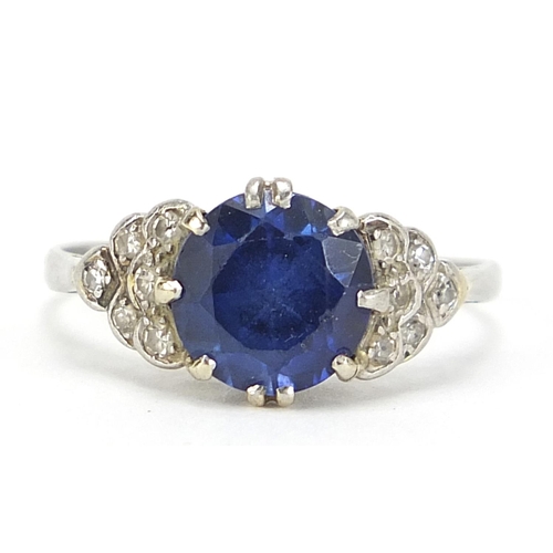 98 - Art Deco sapphire and diamond platinum ring, the sapphire approximately 8mm in diameter, size R/S, 4... 