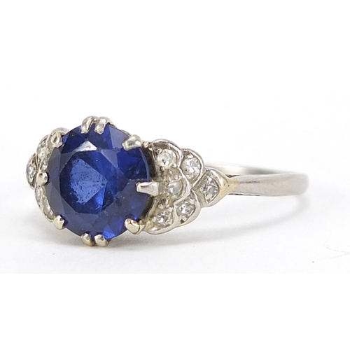 98 - Art Deco sapphire and diamond platinum ring, the sapphire approximately 8mm in diameter, size R/S, 4... 