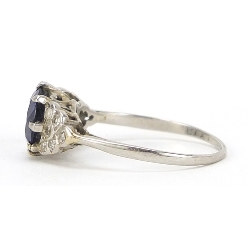 98 - Art Deco sapphire and diamond platinum ring, the sapphire approximately 8mm in diameter, size R/S, 4... 