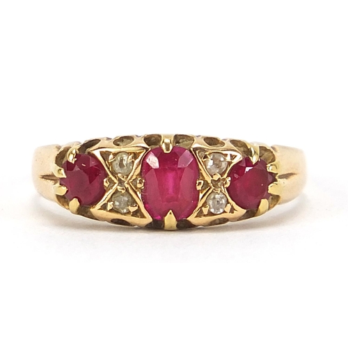 345 - 18ct gold ruby and diamond ring, size R, Birmingham 1917, 2.5g