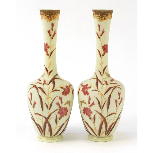 79 - Pair of 19th French century opaline glass vases hand painted with flowers, each 40cm high