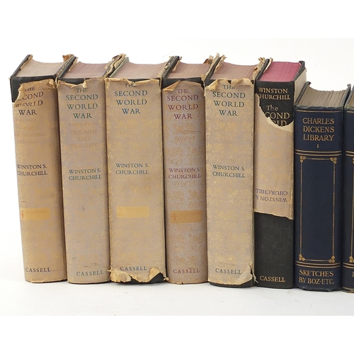 972 - Hardback books including Charles Dicken's Library and Winston Churchill's Second World War with dust... 