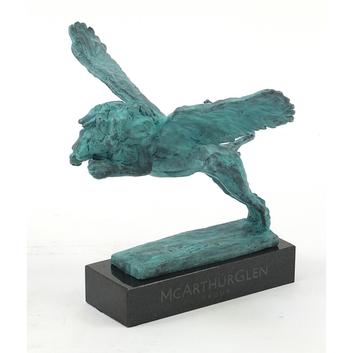 1080 - McArthur Glen Group, Verdigris bronze study of winged lion raised on a rectangular slate base with b... 