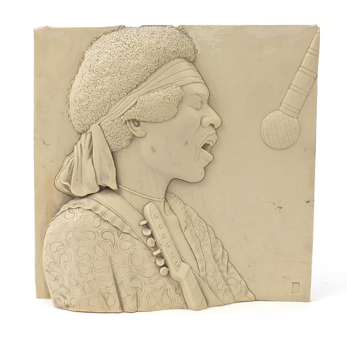 691 - Rectangular relief plaque of Jimi Hendrix, 51cm x 51cm