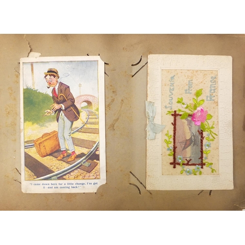 437 - Edwardian and later postcards arranged in an album, including military interest silk, French silk sw... 