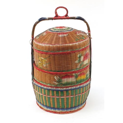 937 - Oriental four section wicker food container hand painted with fish and flowers, 72cm high