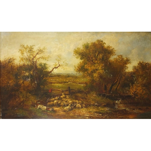 701 - W R Stone - Young boy beside a stream with flock of sheep, 19th century oil on canvas, framed, 126cm... 