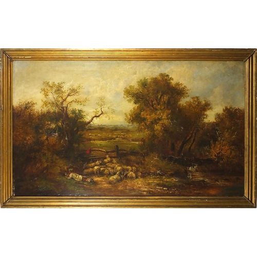 701 - W R Stone - Young boy beside a stream with flock of sheep, 19th century oil on canvas, framed, 126cm... 