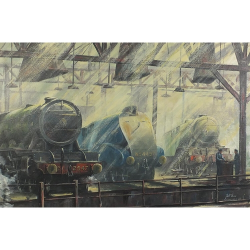 491 - Geoff Shaw - Locomotives at a station, railway interest oil on board, mounted and framed, 90.5cm x 6... 