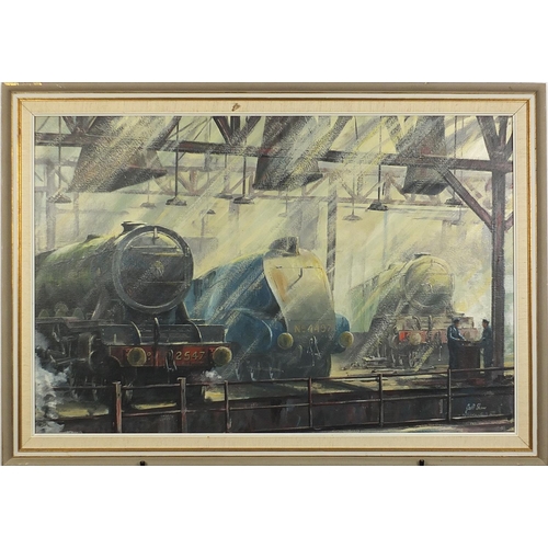 491 - Geoff Shaw - Locomotives at a station, railway interest oil on board, mounted and framed, 90.5cm x 6... 