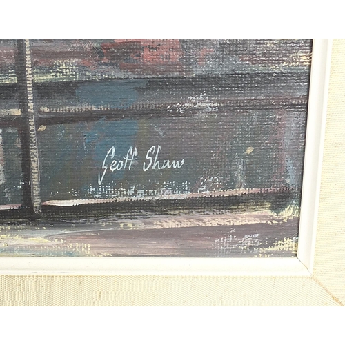 491 - Geoff Shaw - Locomotives at a station, railway interest oil on board, mounted and framed, 90.5cm x 6... 