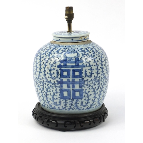 468 - Large Chinese blue and white porcelain jar and cover table lamp with Liberty label to the base, 37.5... 