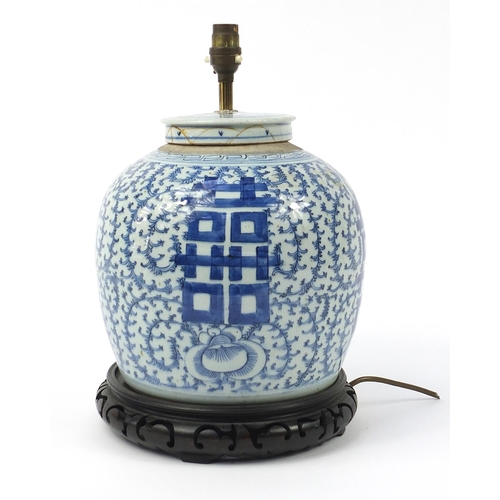 468 - Large Chinese blue and white porcelain jar and cover table lamp with Liberty label to the base, 37.5... 