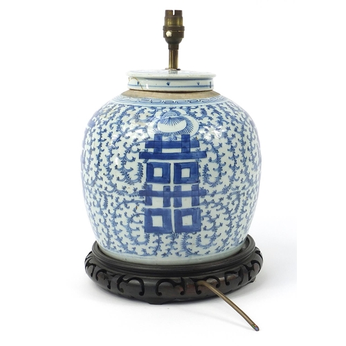 468 - Large Chinese blue and white porcelain jar and cover table lamp with Liberty label to the base, 37.5... 