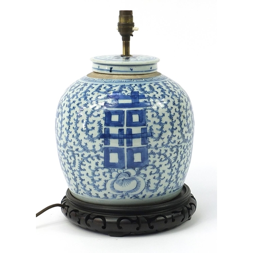 468 - Large Chinese blue and white porcelain jar and cover table lamp with Liberty label to the base, 37.5... 