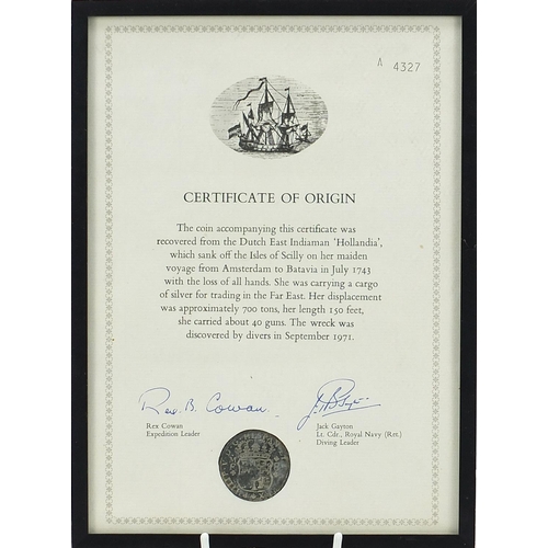 362 - Dutch East Indiaman Hollandia shipwreck coin with certificate of origin, framed and glazed, overall ... 