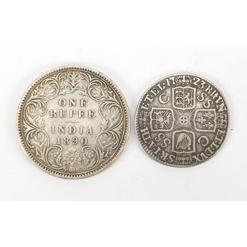 367 - George II 1723 shilling and Indian 1891 one rupee